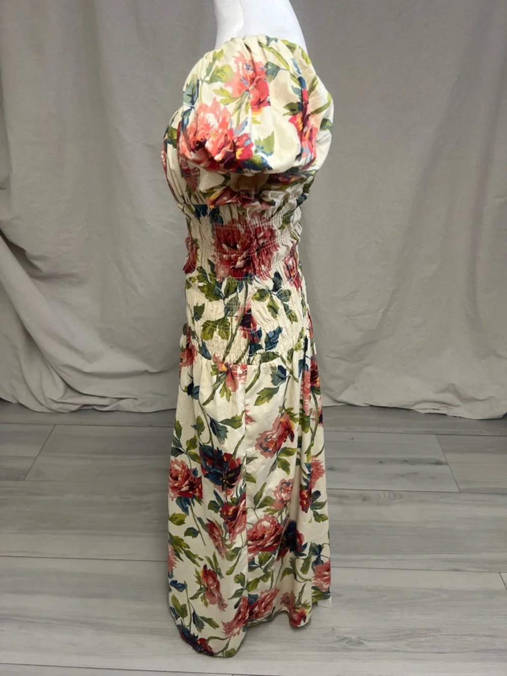 Anthropologie Floral Maxi Dress Puff Sleeve Smocked Sz XS Cottagecore Boho Cream - Picture 6 of 11